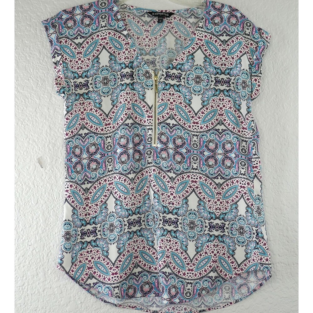 Express Blouse Top Cap Sleeve Blue Pink Paisley Floral V-Neck Zip Accent Size S